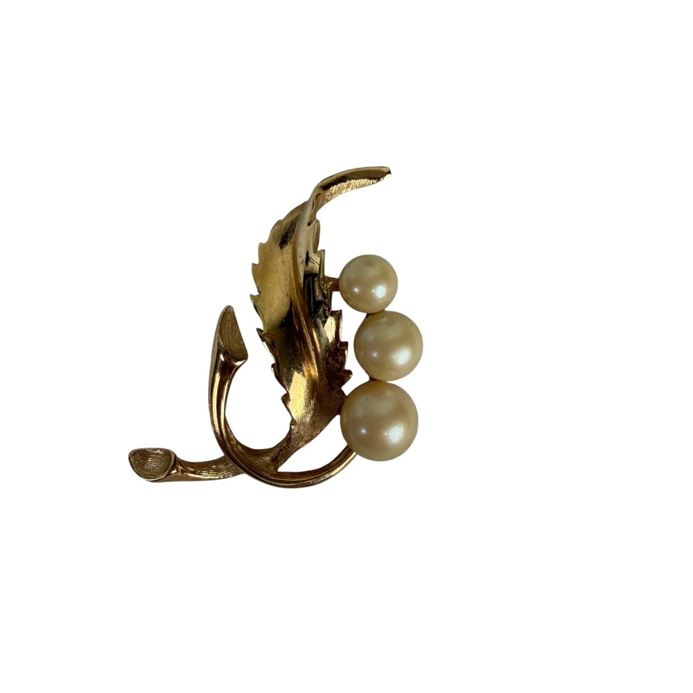 Gold Tone Leaf Brooch with Graduated Faux Pearls Vintage Style Botanical Pin